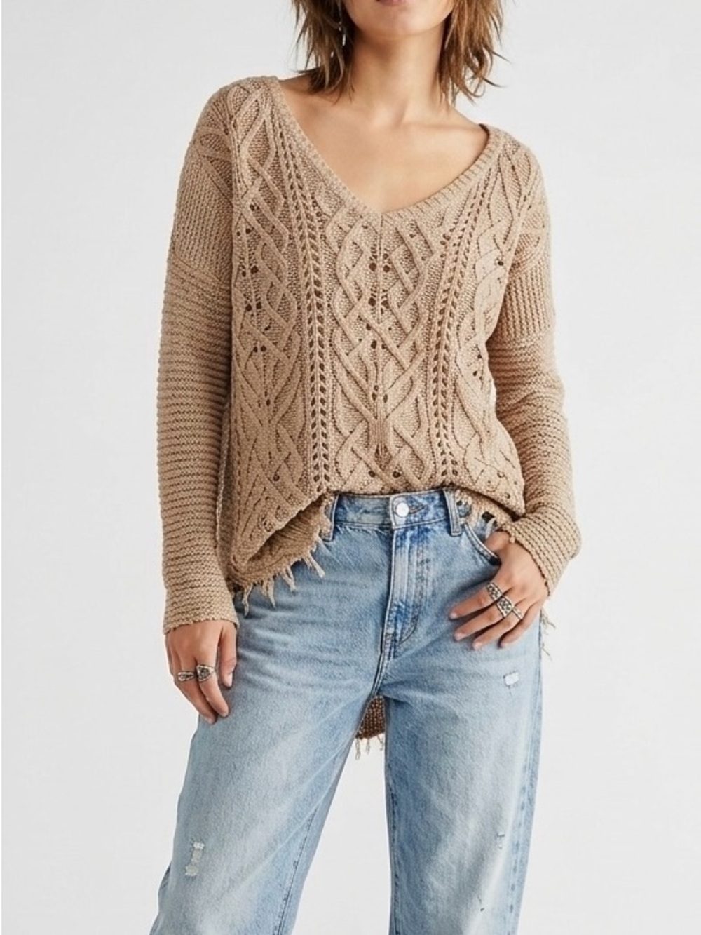 Free People Cross My Heart Pullover Cable Knit Taupe Medium Boho Chic Sweater